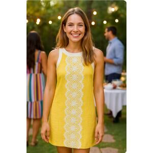 Jessica J Howard Sleeveless Linen Yellow White Shift Dress 12 Wide Lace Preppy